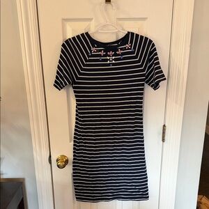 French Connection Navy and White Striped Mini Dress with Embroidered Detail